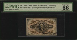 Third Issue

Fr. 1253. 10 Cent. Third Issue. PMG Gem Uncirculated 66 EPQ.

Hand signed. Red back. Seen with dark signatures and good bronzing.

...