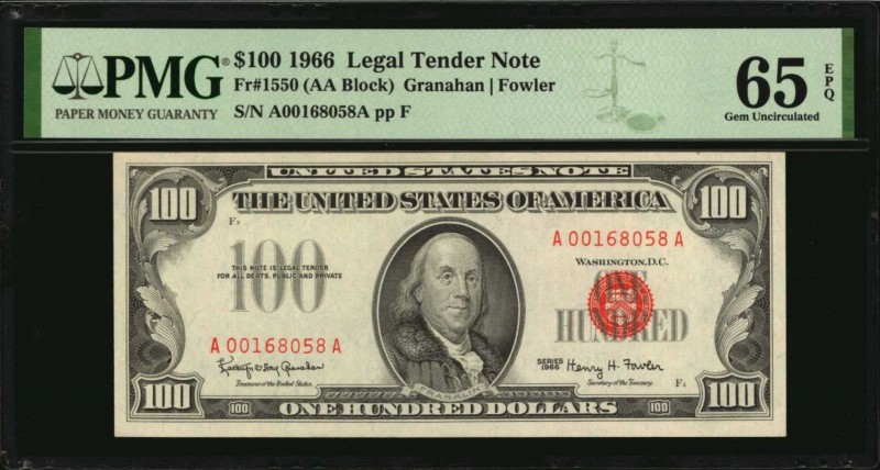 Legal Tender Notes

Fr. 1550. 1966 $100 Legal Tender Note. PMG Gem Uncirculate...