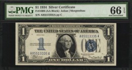 Silver Certificates

Fr. 1606. 1934 $1 Silver Certificate. PMG Gem Uncirculated 66 EPQ.

Dark blue overprints and bright paper are noticed on this...