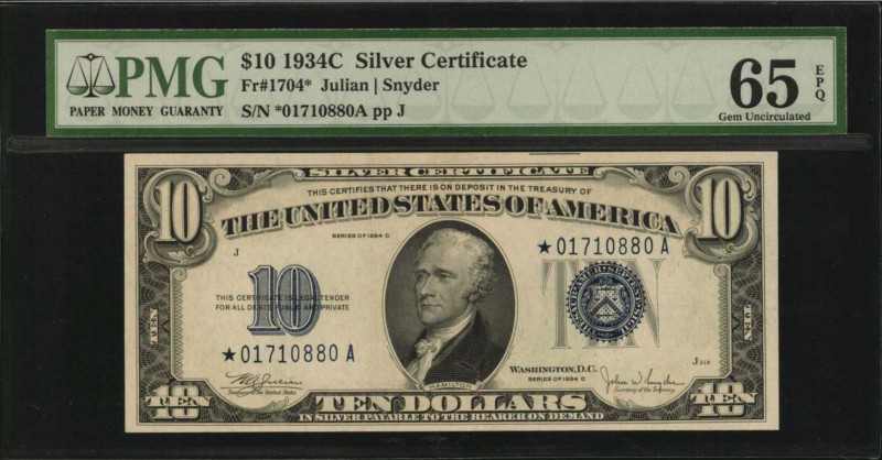 Silver Certificates

Fr. 1704*. 1934C $10 Silver Certificate Star Note. PMG Ge...