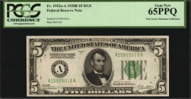 Federal Reserve Notes

Fr. 1952a-A. 1928B DGS $5 Federal Reserve Note. Boston. PCGS Currency Gem New 65 PPQ.

This 1928B $5 from the Boston distri...