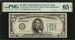 Federal Reserve Notes

Fr. 1956-Hm*. 1934 $5 Federal Reserve Star Mule Note. St. Louis. PMG Gem Uncirculated 65 EPQ.

A nice pack fresh Gem exampl...
