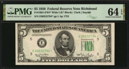 Federal Reserve Notes

Fr. 1961-EWi*. 1950 $5 Federal Reserve Star Note. Wide I. Richmond. PMG Choice Uncirculated 64 EPQ.

A nearly Gem offering ...