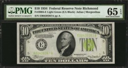 Federal Reserve Notes

Fr. 2004-E. 1934 $10 Federal Reserve Note. Richmond. PMG Gem Uncirculated 65 EPQ.

A lovely Gem example of this $10 Richmon...