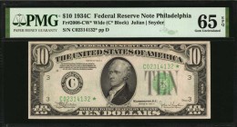 Federal Reserve Notes

Fr. 2008-CW*. 1934C $10 Federal Reserve Star Note. Wide. Philadelphia. PMG Gem Uncirculated 65 EPQ.

This $10 star note sho...