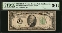Federal Reserve Notes

Fr. 2009-L*. 1934D $10 Federal Reserve Star Note. San Francisco. PMG Very Fine 30 EPQ.

A rather scarce star note which is ...