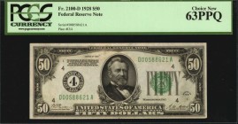 Federal Reserve Notes

Fr. 2100-D. 1928 $50 Federal Reserve Note. Cleveland. PCGS Currency Choice New 63 PPQ.

An early 1928 series $50 FRN from t...