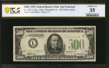 Federal Reserve Notes

Fr. 2201-L. 1934 $500 Federal Reserve Note. San Francisco. PCGS Banknote Choice Very Fine 35.

High denomination notes are ...