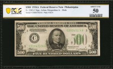 Federal Reserve Notes

Fr. 2202-C. 1934A $500 Federal Reserve Mule Note. Philadelphia. PCGS Banknote About Uncirculated 50.

An About Uncirculated...