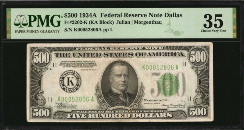 Federal Reserve Notes

Fr. 2202-K. 1934A $500 Federal Reserve Note. Dallas. PM...