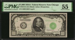 Federal Reserve Notes

Fr. 2212-G. 1934A $1000 Federal Reserve Note. Chicago. PMG About Uncirculated 55.

A nice looking $1000 that has a tiny bit...