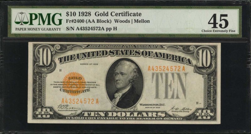 Gold Certificates

Fr. 2400. 1928 $10 Gold Certificate. PMG Choice Extremely F...