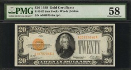Gold Certificates

Fr. 2402. 1928 $20 Gold Certificate. PMG Choice About Uncirculated 58.

Bright paper, dark gold overprints and a bold design ad...