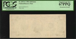 Blank Reverse

Fr. 2073-C. 1981 $20 Federal Reserve Note. Philadelphia. PCGS Currency Superb Gem New 67 PPQ. Missing Back Printing.

A high grade ...