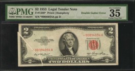 Gutter Folds

Fr. 1509*. 1953 $2 Legal Tender Star Note. PMG Choice Very Fine 35 EPQ. Double Gutter Error.

A dual gutter fold error is found in t...