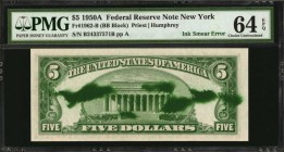 Ink Smears

Fr. 1962-B. 1950A $5 Federal Reserve Note. New York. PMG Choice Uncirculated 64 EPQ. Ink Smear Error.

A nearly Gem example of this 19...