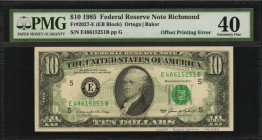 Offsets

Fr. 2027-E. 1985 $10 Federal Reserve Note. Richmond. PMG Extremely Fine 40. Offset Printing Error.

A moderately dark offset printing of ...
