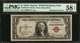 Shifted Third Printing

Fr. 2300. 1935A $1 Hawaii Emergency Note. PMG Choice About Uncirculated 58 EPQ. Misalignment Error.

The front "Hawaii" ov...
