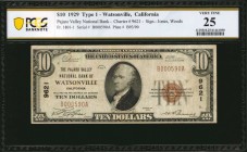 California

Watsonville, California. $10 1929 Ty. 1. Fr. 1801-1. The Pajaro Valley NB. Charter #9621. PCGS Banknote Very Fine 25.

This Santa Cruz...