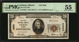 Illinois

Gilman, Illinois. $20 1929 Ty. 1. Fr. 1802-1. The First NB. Charter #5856. PMG About Uncirculated 55.

Some minor staining is noticed on...