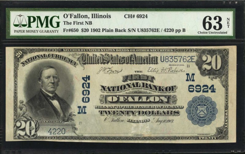 Illinois

O'Fallon, Illinois. $20 1902 Plain Back. Fr. 650. The First NB. Char...