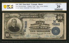 Illinois

Triumph, Illinois. $10 1902 Plain Back. Fr. 624. The First NB. Charter #7660. PCGS Banknote Very Fine 20.

PCGS Banknote comments "Minor...