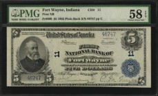 Indiana

Fort Wayne, Indiana. $5 1902 Plain Back. Fr. 609. The First NB. Charter #11. PMG Choice About Uncirculated 58 EPQ.

Stamped signatures. B...