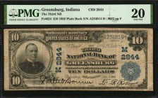 Indiana

Greensburg, Indiana. $10 1902 Plain Back. Fr. 624. The Third NB. Charter #2844. PMG Very Fine 20.

Track and Price reports just eight lar...