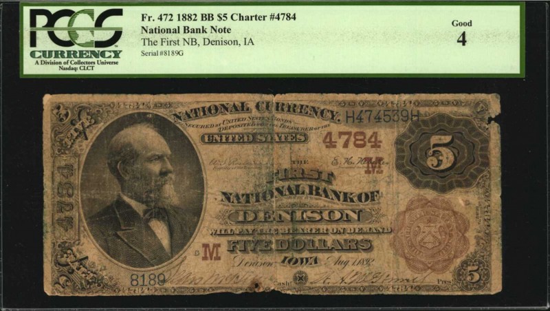 Iowa

Denison, Iowa. $5 1882 Brown Back. Fr. 472. The First NB. Charter #4784....