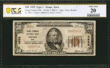 Iowa

Osage, Iowa. $50 1929 Ty. 1. Fr. 1803-1. The Osage Farmers NB. Charter #4885. PCGS Banknote Very Fine 20.

The second title for this Mitchel...