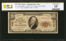 Iowa

Shannon City, Iowa. $10 1929 Ty. 1. Fr. 1801-1. The First NB. Charter #9723. PCGS Banknote Choice Fine 15.

A Choice Fine example of this Ty...