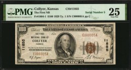 Kansas

Collyer, Kansas. $100 1929 Ty. 1. Fr. 1804-1. The First NB. Charter #11855. PMG Very Fine 25. Serial Number 5.

An extremely low serial nu...