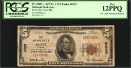 Kansas

Pratt, Kansas. $5 1929 Ty. 1. Fr. 1800-1. First NB. Charter #6229. PCGS Currency Fine 12 PPQ.

Just 17 small size notes are reported in Tr...