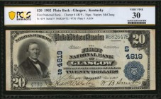 Kentucky

Glasgow, Kentucky. $20 1902 Plain Back. Fr. 654. The First NB. Charter #4819. PCGS Banknote Very Fine 30.

Dark signatures are found on ...