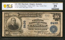 Kentucky

Glasgow, Kentucky. $10 1902 Plain Back. Fr. 626. The Citizens NB. Charter #8439. PCGS Banknote Very Fine 25.

Track and Price reports a ...