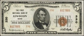 Maine

Lewiston, Maine. $5 1929 Ty. 2. Fr. 1800-2. The First NB. Charter #330. Choice About Uncirculated.

Good embossing is noticed on this Type ...