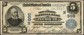 Massachusetts

Plymouth, Massachusetts. $5 1902 Date Back. Fr. 590. The Old Colony NB. Charter #996. Very Fine.

Dark stamped signatures remain bo...