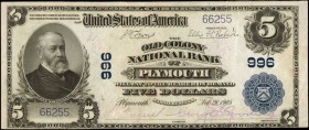 Massachusetts

Plymouth, Massachusetts. $5 1902 Plain Back. Fr. 598. The Old Colony NB. Charter #996. Choice Very Fine.

Bright paper is noticed o...