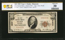 Minnesota

Osakis, Minnesota. $10 1929 Ty. 1. Fr. 1801-1. The First NB. Charter #6837. PCGS Banknote Very Fine 30.

PCGS Banknote comments "Minor ...