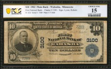 Minnesota

Wabasha, Minnesota. $10 1902 Plain Back. Fr. 624. The First NB. Charter #3100. PCGS Banknote Choice Fine 15.

PCGS Banknote comments "S...