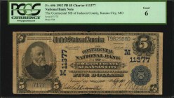 Missouri

Kansas City, Missouri. $5 1902 Plain Back. Fr. 606. The Continental NB of Jackson County. Charter #11377. PCGS Currency Good 6.

This no...