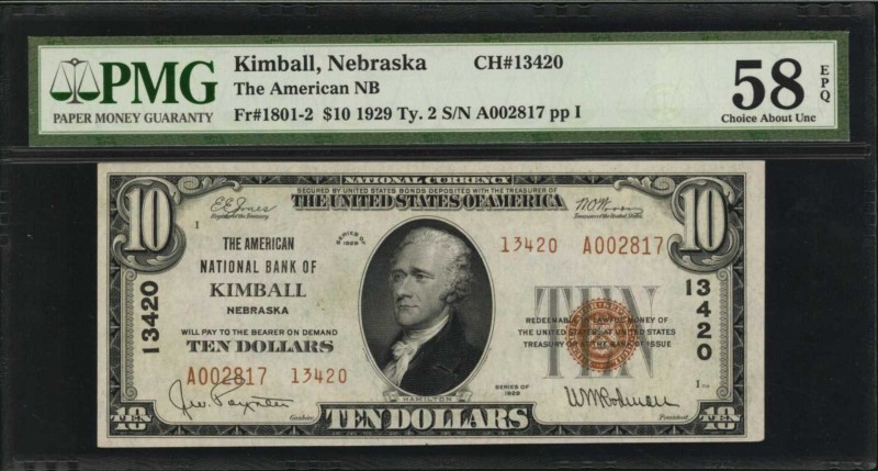 Nebraska

Kimball, Nebraska. $10 1929 Ty. 2. Fr. 1801-2. The American NB. Char...