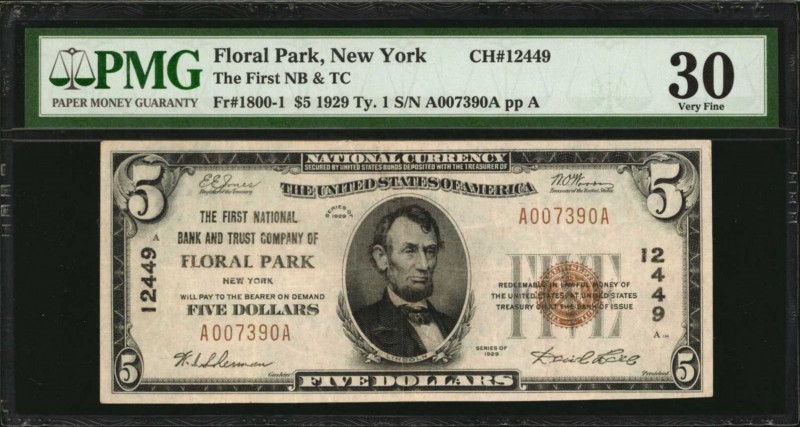 New York

Floral Park, New York. 1929 Ty. 1 $5 Fr. 1800-1. The First NB & TC. ...