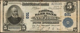 New York

New York, New York. 1902 Plain Back $5 Fr. 598. The National Park Bank. Charter #891. Very Fine.

Mostly bright paper is found on this N...