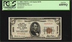New York

New York, New York. 1929 Ty. 1 $5 Fr. 1800-1. The Chase NB. Charter #2370. PCGS Currency Gem New 65 PPQ.

Wide margins and good Gem deta...
