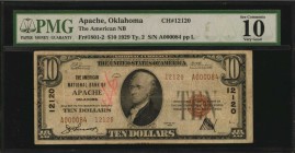Oklahoma

Apache, Oklahoma. $10 1929 Ty. 2. Fr. 1801-2. The American NB. Charter #12120. PMG Very Good 10 Net. Annotation.

A popular Caddo County...