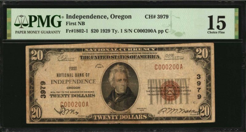 Oregon

Independence, Oregon. $20 1929 Ty. 1. Fr. 1802-1. First NB. Charter #3...