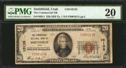 Utah

Smithfield, Utah. $20 1929 Ty. 1. Fr. 1802-1. The Commercial NB. Charter #10135. PMG Very Fine 20.

A scarce Cache County bank with just nin...