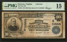 Virginia

Narrows, Virginia. $10 1902 Plain Back. Fr. 632. The First NB. Charter #11444. PMG Choice Fine 15.

Track and Price reports just 8 large...