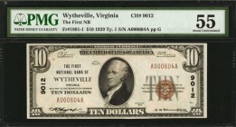 Virginia

Wytheville, Virginia. $10 1929 Ty. 1. Fr. 1801-1. The First NB. Charter #9012. PMG About Uncirculated 55.

An About Uncirculated offerin...